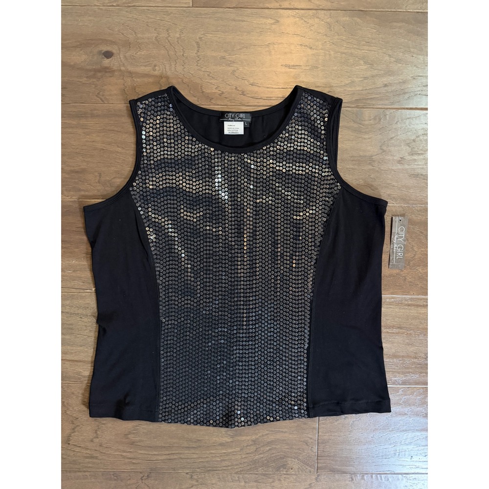 NWT City Girl Nancy Bolen Womens Sequin Tank Top Black Silver‎ Scoop Neck Large